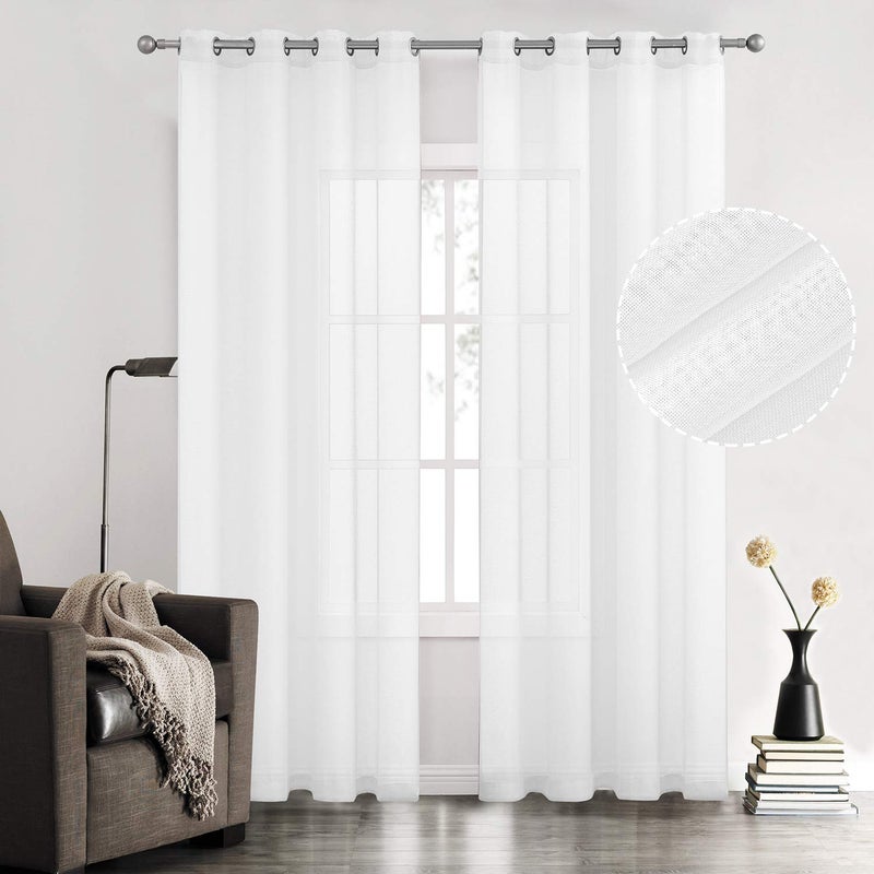 July Joy White Semi Linen Look Sheer Curtains for Bedroom, Living Room Grommet Light Filtering Solid Voile Window Curtains, Set of 2 Panels, 52 x 84 inch - Image 1